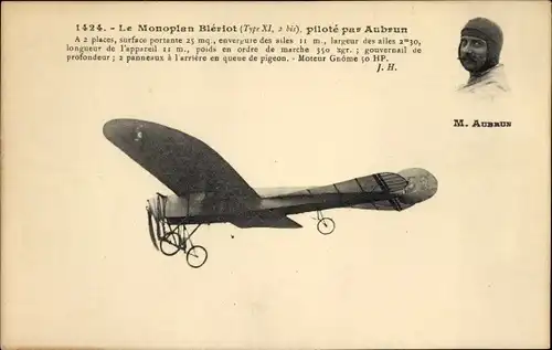 Ak Monoplan Bleriot, pilote par Aubrun, Flugpionier