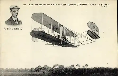 Ak L'Aeroplane Wright dans une virage, Wilbur Wright, Flugpionier