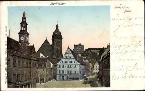 Leuchtfenster Ak Pirna an der Elbe, Marktplatz, Rathaus, Kirche