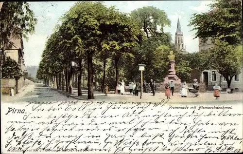 Ak Pirna in Sachsen, Promenade mit Bismarck Denkmal