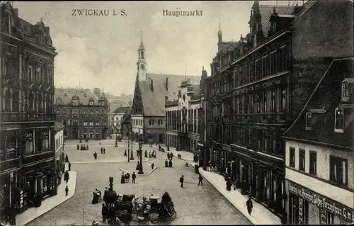 Ak Zwickau in Sachsen, Hauptmarkt, Passanten, Kirche