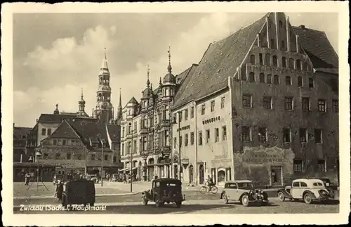 Ak Zwickau in Sachsen, Hauptmarkt, Autos, Türme