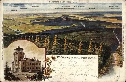 Litho Oberwiesenthal Erzgebirge Sachsen, Panorama nach Nordost, Unterkunftshaus auf d. Fichtelberg