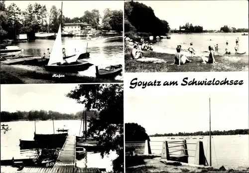 Ak Goyatz Schwielochsee in der Niederlausitz, Hafen, Badestrand, GST-Stützpunkt