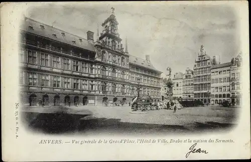 Ak Anvers Antwerpen Flandern, Vue generela de la Grand'Place, l'Hotel de Ville, Brabo