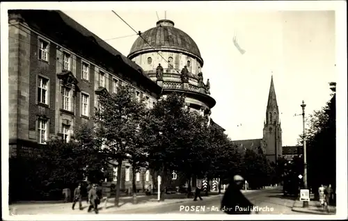 Ak Poznań Posen, An der Pauli Kirche, Straßenpartie