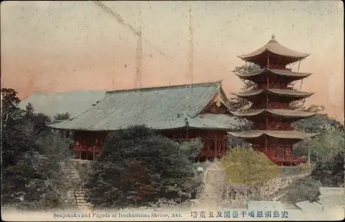 Ganzsachen Ak Insel Itsukushima Japan, Senjokaku and Pagoda at Shrine, Aki
