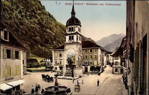 Ak Altdorf Kt. Uri Schweiz, Dorfplatz mit Telldenkmal, Turm, Brunnen, Bierbrauerei, Bazar