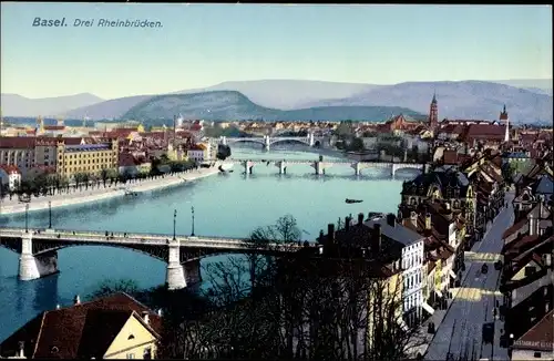 Ak Basel Bâle Stadt Schweiz, Blick auf die drei Rheinbrücken, Ort