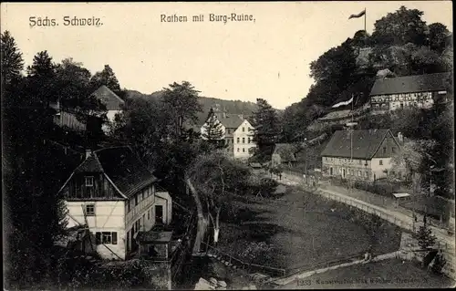 Ak Kurort Rathen im Elbsandsteingebirge, Blick auf Ortschaft und Burgruine