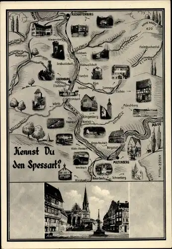 Landkarten Ak Aschaffenburg in Unterfranken Bayern, Stiftskirche, Spessart