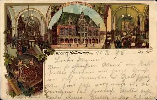 Litho Hansestadt Bremen, Rathaus, Ratskeller, Austernhandlung Ludewigs & Grote