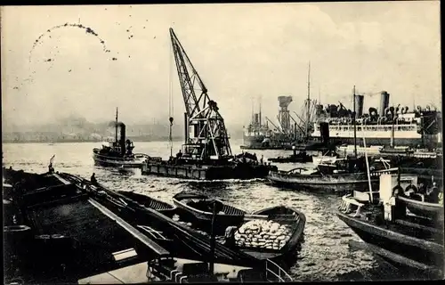 Ak Hamburg, Bugsierung eines schwimmenden Riesenkrans im Hafen