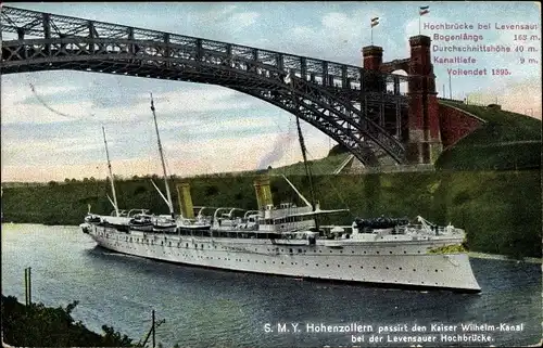 Ak Deutsches Kriegsschiff, SMY Hohenzollern, Kaiseryacht, Kaiser Wilhelm Kanal, Hochbrücke Levensau