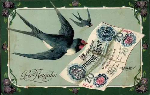 Präge Litho Glückwunsch Neujahr, Schwalben, Reichsbanknote 20 Mark, Geldschein