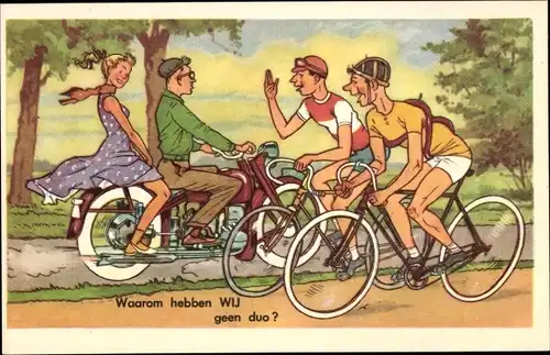 Ak Radfahrer, Paar auf einem Motorrad