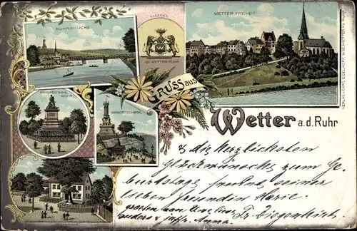 Wappen Litho Wetter an der Ruhr im Ennepe Ruhr Kreis, Ruhrbrücke, Freiheit, Harkort Denkmal, Eiche