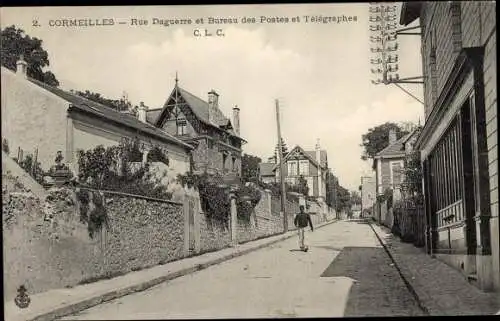 Ak Cormeilles Val d'Oise, Rue Daguerre et Bureau des Postes et Telégraphes