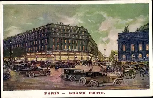 Künstler Ak Paris IX., Grand Hotel, Straßenpartie, Autos