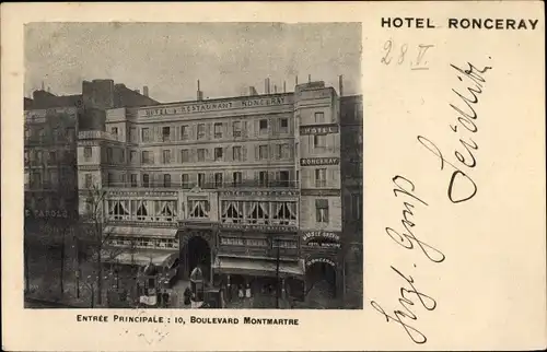 Ak Paris II. Arrondissement Bourse, Le Boulevard Montmartre, Hotel Ronceray