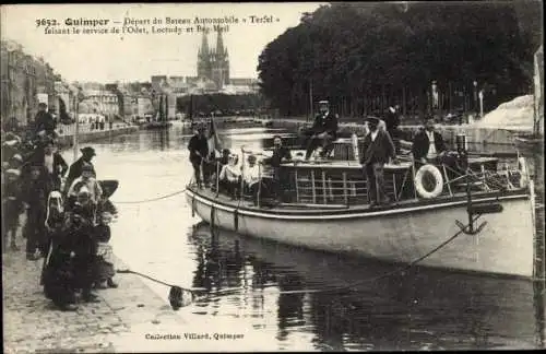 Ak Quimper Finistère, Depart du Bateau Automobile Terfel