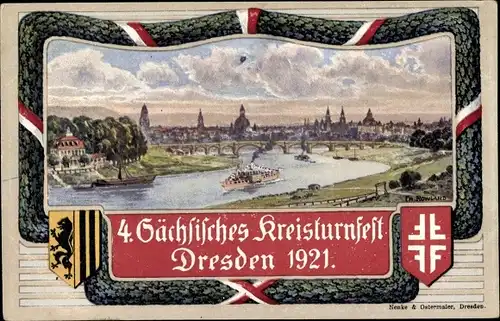 Wappen Künstler Ak Dresden, 4. Sächsisches Kreisturnfest 1921, Stadtansicht vom Waldschlösschen aus