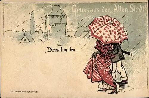 Litho Dresden, Stadtansicht, Regnerisches Wetter, Frau und Mann, Spaziergang, Regenschirm