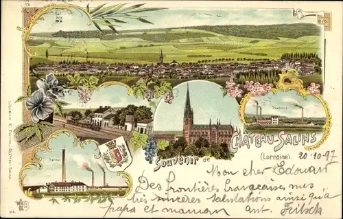 Litho Château Salins Lothringen Moselle, Panorama, Bahnhof, Kirche, Wappen