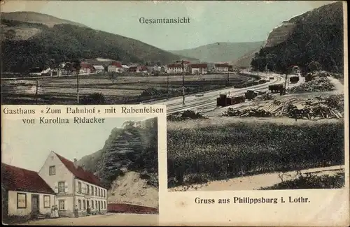 Ak Philippsbourg Philippsburg Lothringen Moselle, Gesamtansicht, Gasthaus Zum Bahnhof, Rabenfelsen