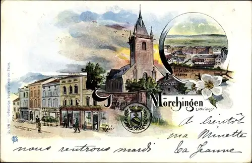 Künstler Ak Morhange Mörchingen Lothringen Moselle, Infanterie Kaserne, Kirche, Marktplatz