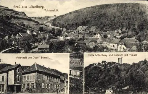 Ak Lutzelbourg Lützelburg Lothringen Moselle, Gesamtansicht, Wirtschaft Josef Schmitt, Ruine Bahnhof