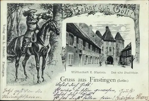 Mondschein Ak Fénétrange Finstingen Lothringen Moselle, Wirtschaft E. Gögelein, Altes Stadttor