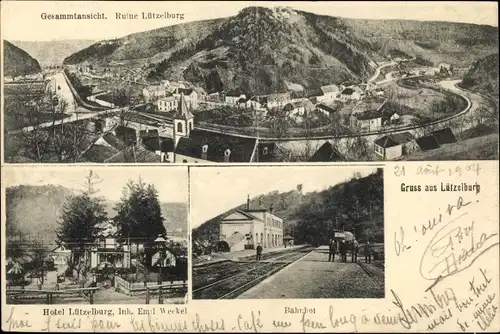 Ak Lutzelbourg Lützelburg Lothringen Moselle, Gesamtansicht, Ruine, Hotel Lützelburg, Bahnhof