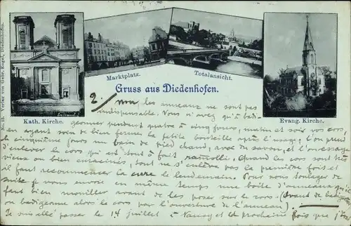 Mondschein Ak Thionville Diedenhofen Lothringen Moselle, Marktplatz, Kath. Kirche, Evang. Kirche