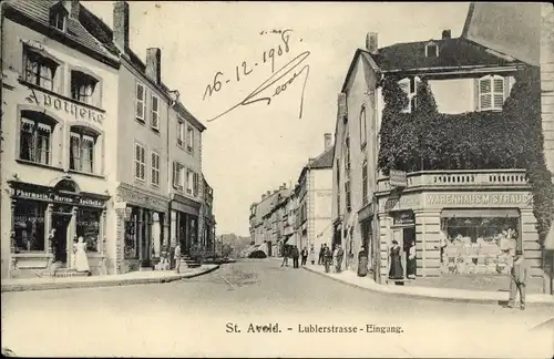 Ak St. Avold Lothringen Moselle, Lublerstraße, Eingang, Apotheke, Warenhaus