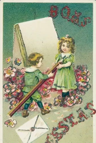 Glitzer Ak Kinder, Bleistift, Notizbuch, Blumen, Kitsch