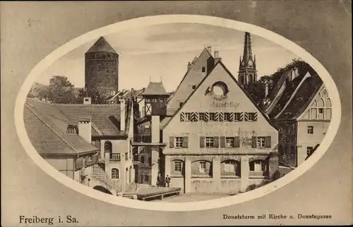 Passepartout Ak Freiberg in Sachsen, Donatsturm, Kirche, Donatsgasse