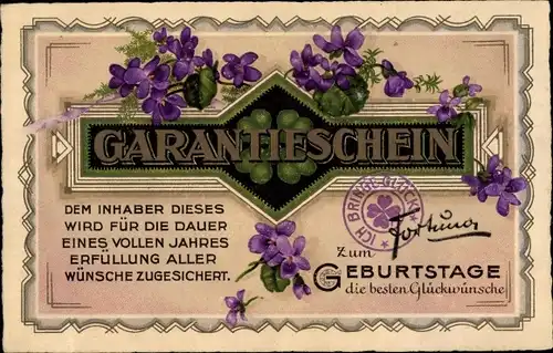 Ak Glückwunsch Geburtstag, Garantieschein, Glücksklee, Veilchen