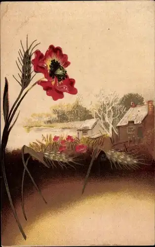 Präge Ak Blühende Blumen, Mohn, Getreide, Dorf, Wohnhäuser