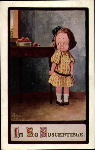 Künstler Ak Ryan, I am so susceptible, Mädchen am Tisch, Obst, Früchte