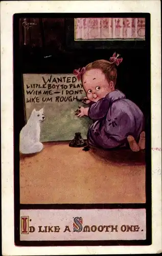 Künstler Ak Ryan, I'd like a Smooth one, Mädchen beim Schreiben, Hund, Tintenfass, Anzeige