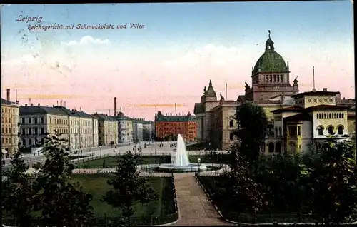 Ak Leipzig in Sachsen, Reichsgericht mit Schmuckplatz und Villen, Brunnen mit Fontäne