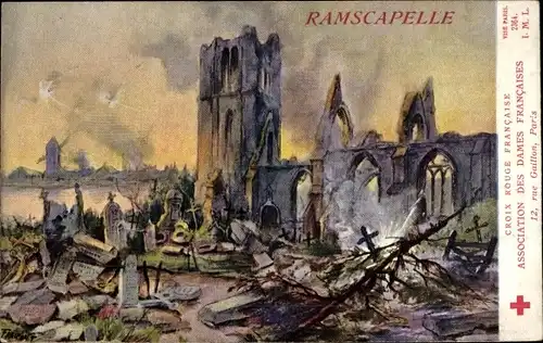 Künstler Ak Fraipont, G., Ramscapelle Westflandern Belgien, Zerstörte Kirche