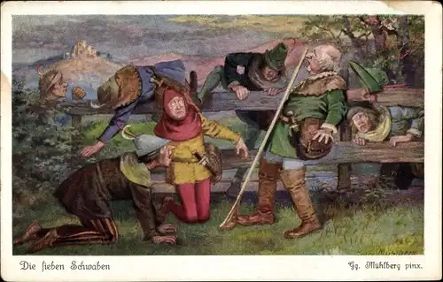 Künstler Ak Mühlberg, Georg, Märchen, Die sieben Schwaben klettern über einen Zaun
