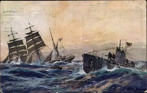 Künstler Ak Stöwer, Willy, Deutsches U Boot versenkt französische Bark im Atlantik, I. WK