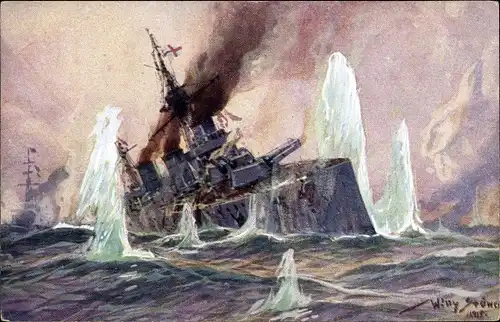 Künstler Ak Stöwer, Willy, Seegefecht Nordsee 1915, Englischer Schlachtkreuzer, deutsche Kreuzer