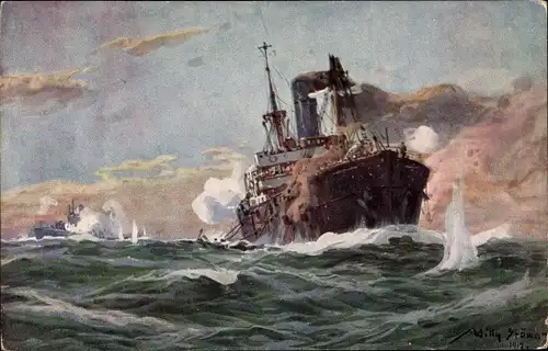 Künstler Ak Stöwer, Willy, Deutsches U Boot im Gefecht mit einem Handelsdampfer im Sperrgebiet