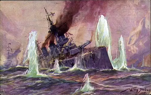 Künstler Ak Stöwer, Willy, Seegefecht Nordsee 1915, Englischer Schlachtkreuzer, deutsche Kreuzer