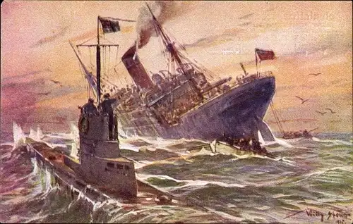 Künstler Ak Stöwer, Willy, Vernichtung eines englischen Handelsdampfers durch ein deutsches U-Boot