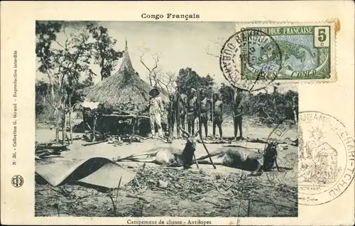 Ak Französisch Kongo, Campement de chasse, Antilopes, Antilopenjagd